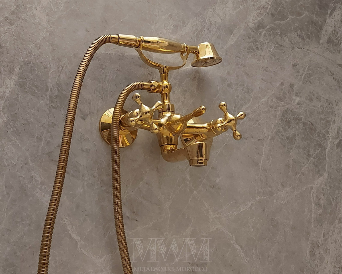 Brass Solid Bathtub Faucet With Horn Diverter And Handheld Shower Holder