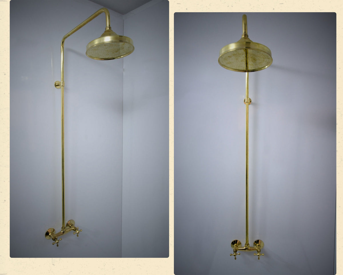 Unlacquered Brass Shower System with large rainfall showerhead