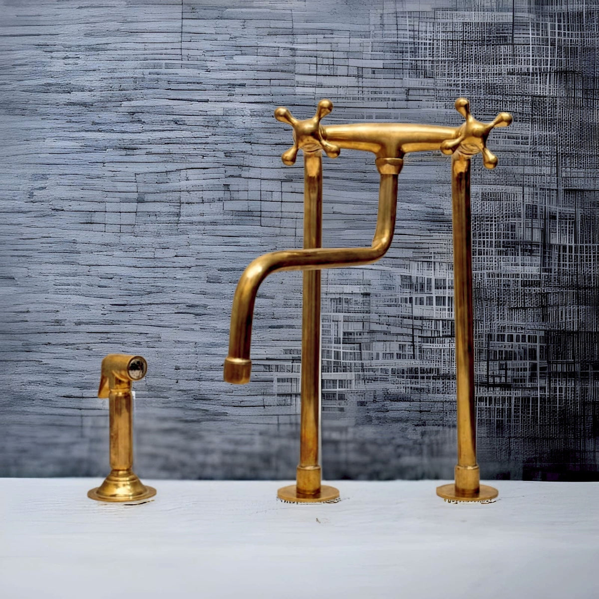 Unlacquered Brass Antique Kitchen Faucet with simple cross handles
