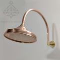 Unlacquered Copper Round Shower Head with Arched Arm: Indoor/Outdoor