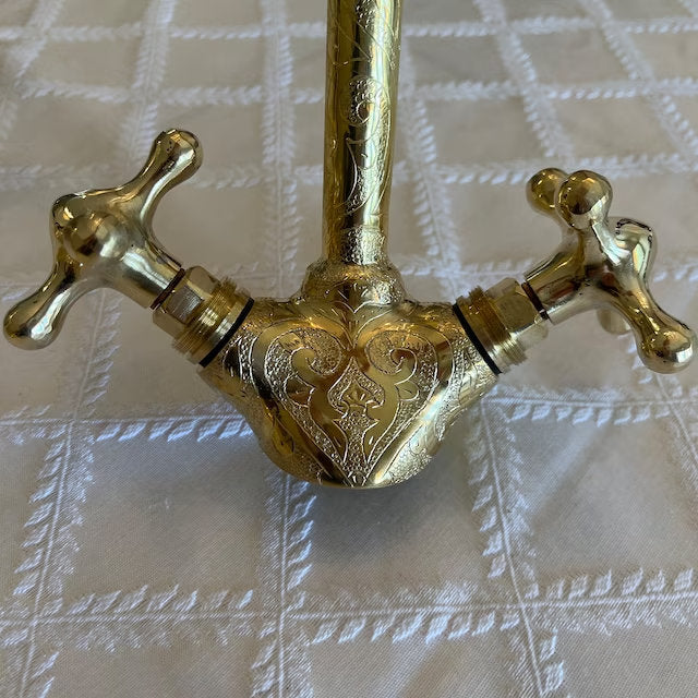 Engraved Unlacquered Brass Gooseneck Bathroom Faucet