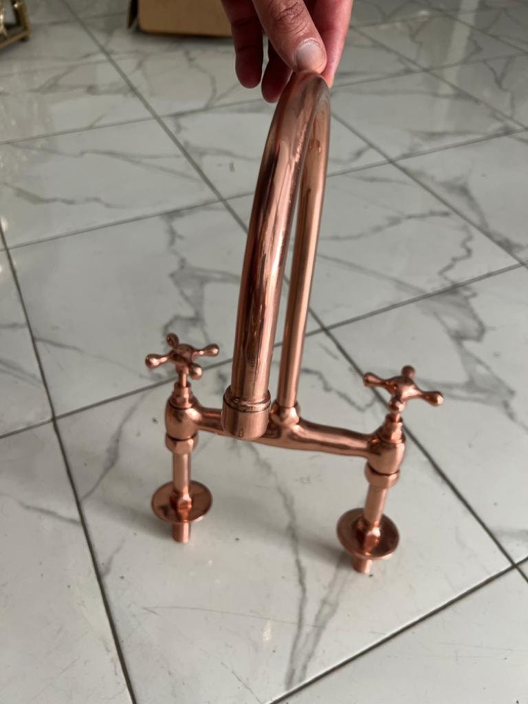 Deck Faucet in Aged Copper with Linear Legs and Various Style Handles - 7 (1/2) / 10 Spout Faucet Reach