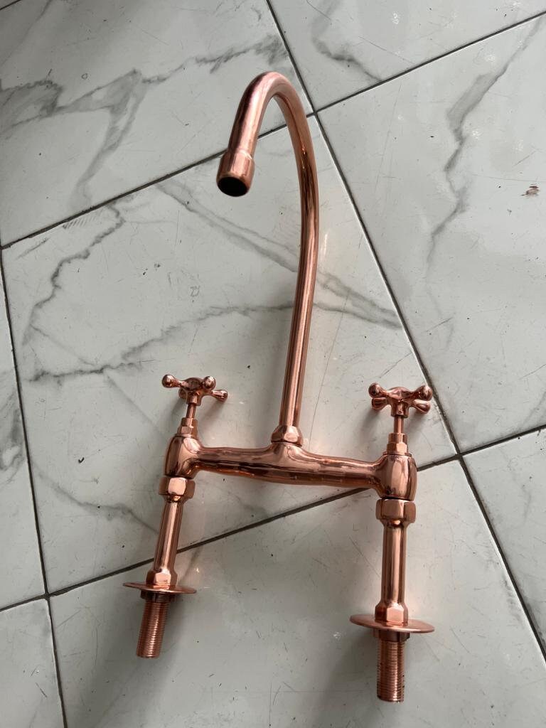 Deck Faucet in Aged Copper with Linear Legs and Various Style Handles - 7 (1/2) / 10 Spout Faucet Reach