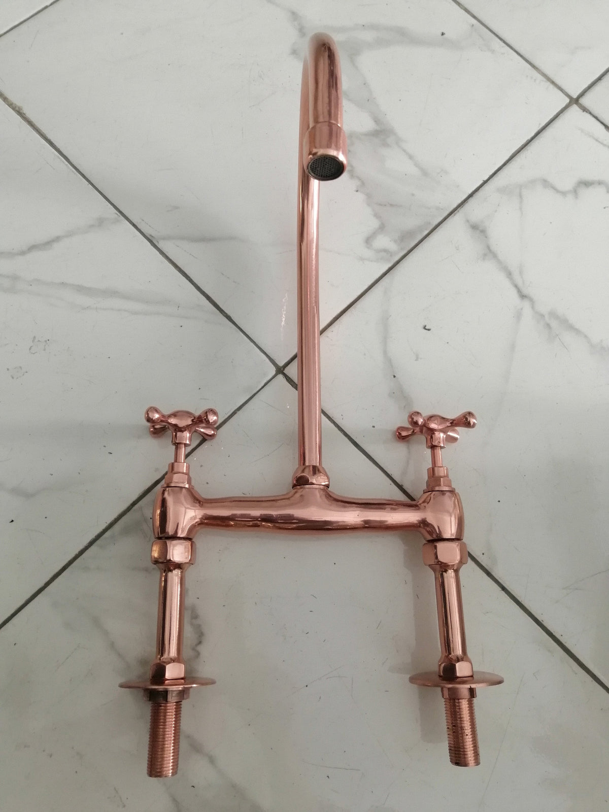 Deck Faucet in Aged Copper with Linear Legs and Various Style Handles - 7 (1/2) / 10 Spout Faucet Reach