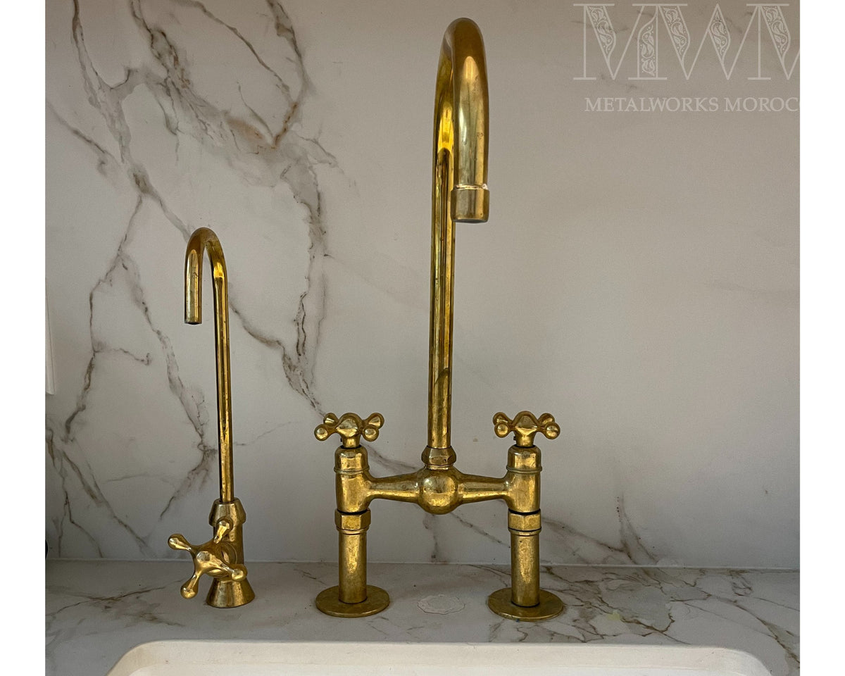 Unlacquered Brass Bridge Faucet With Gooseneck Spout
