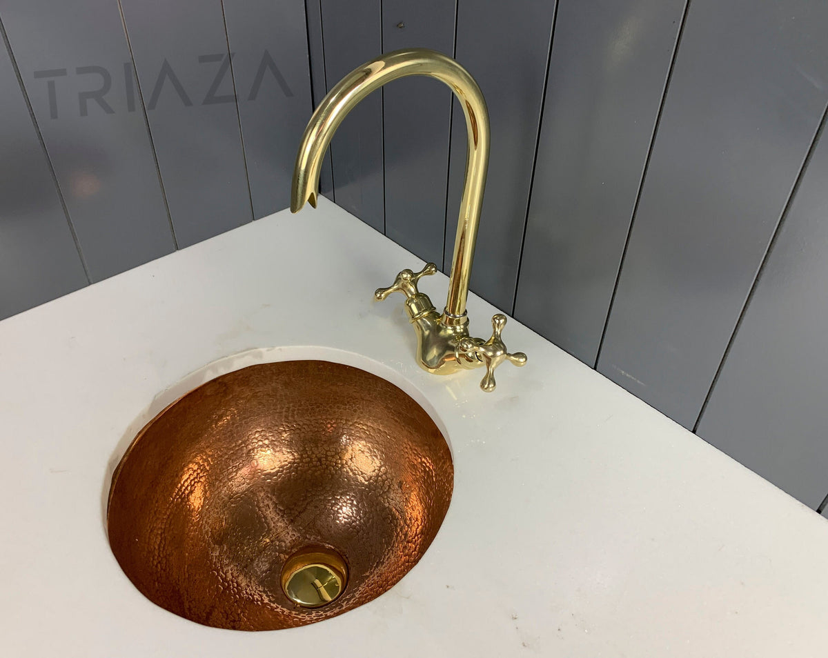 Unlacquered brass bathroom faucet, Single hole design, vintage style double handle faucet