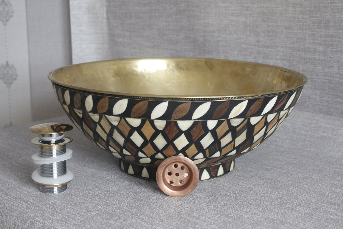 Unlacquered Brass Bathroom Basin: Resin & Walnut Wood Inlay