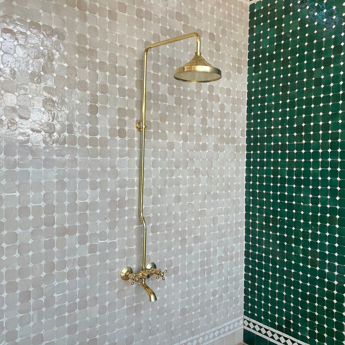 Unlacquered Brass Exposed Shower System: Rainfall Head & Tub Faucet