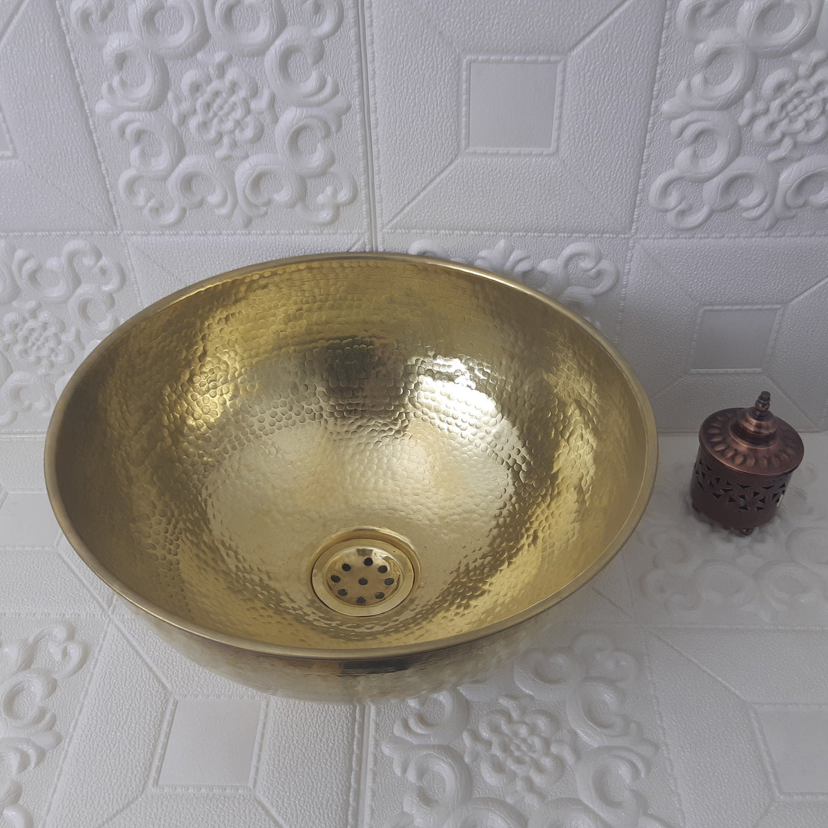 Moroccan mounted hand hammered TARNISHED brass gold colour round sink
