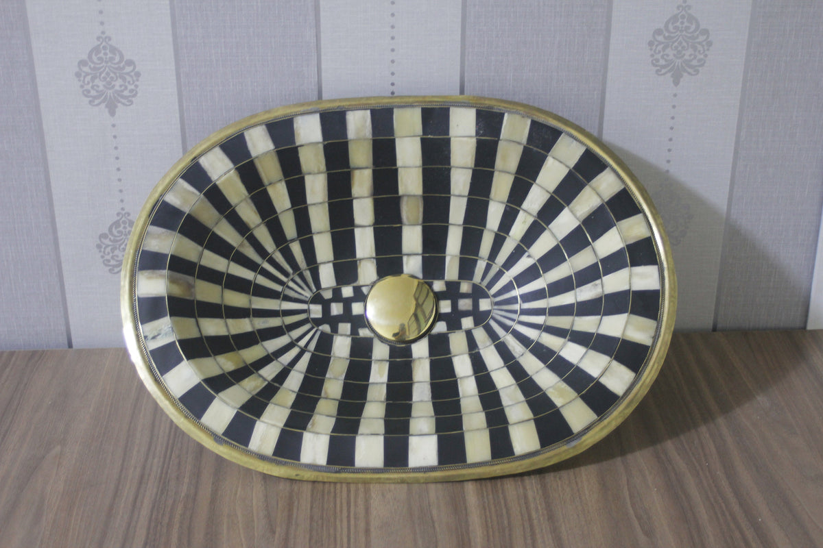 Resin and Brass Sink: Black & White Oval Drop-In Basin