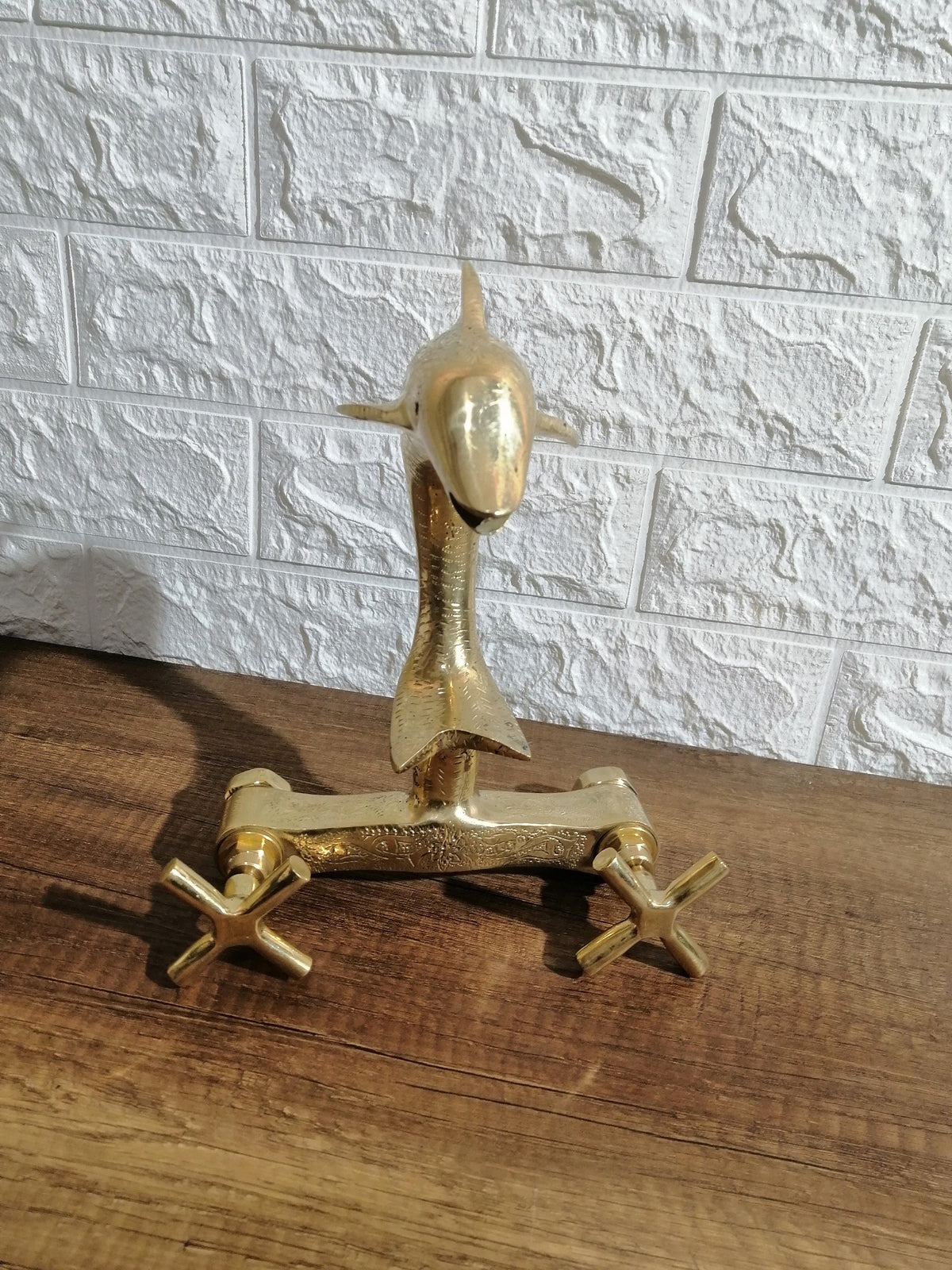 Solid brass wall mounted bath tap, unlacquered brass bathroom faucet. Mixer animals. Dolphin