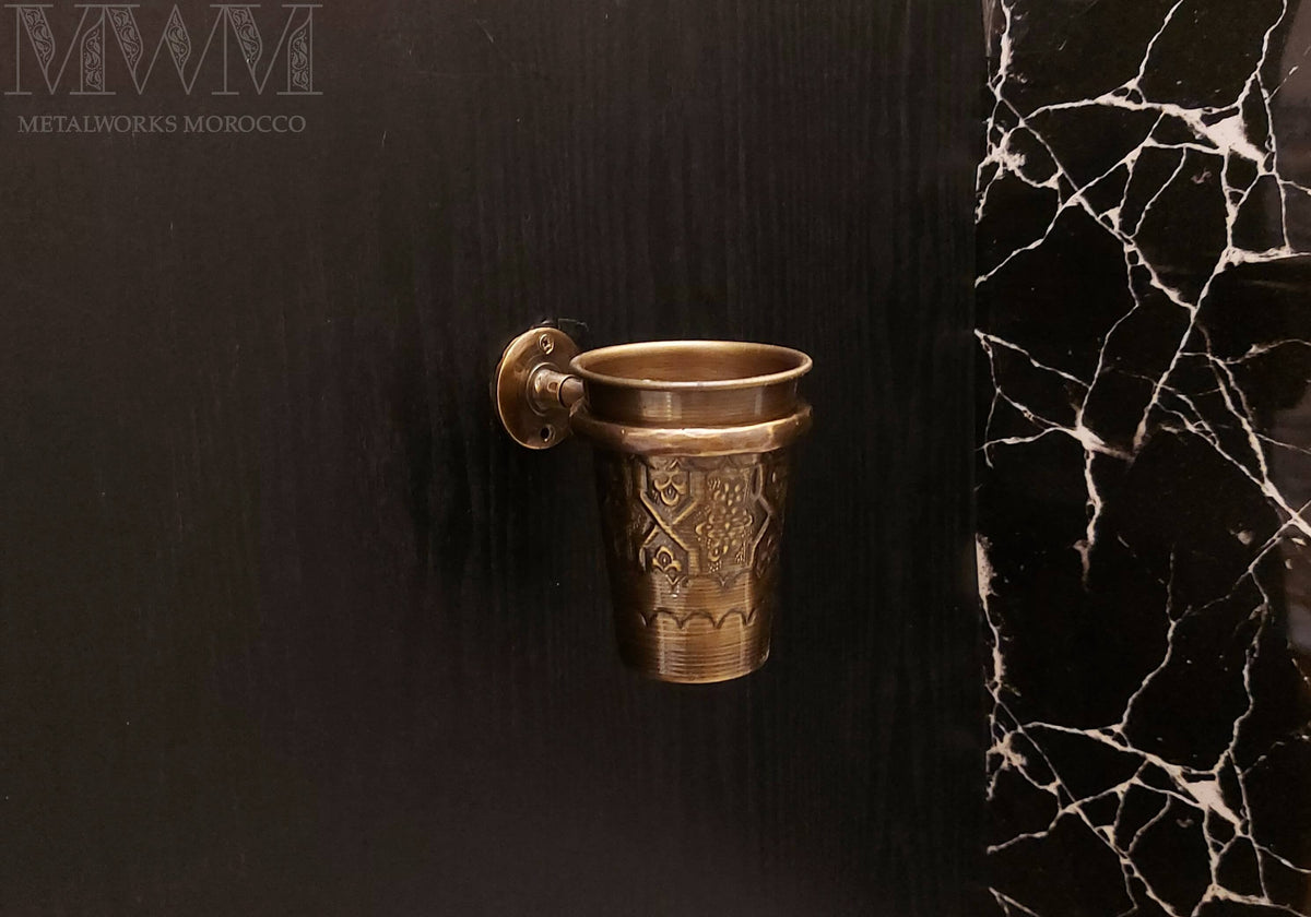 Etched Antique Brass Toothbrush Holder Cup Wall Mount