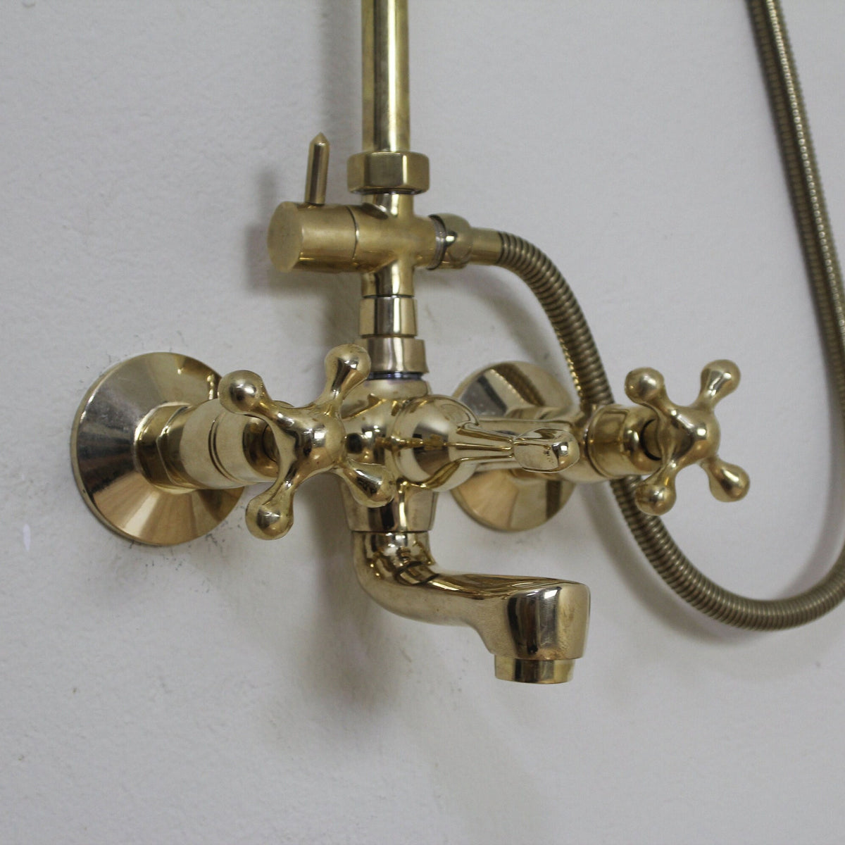 Handmade Unlacquered Brass Shower System: Tub Filler and Hand Shower Combo