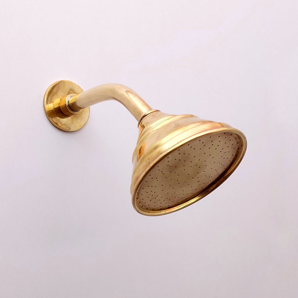 Unlacquered Brass Shower System with Tub Filler and Round Shower Head