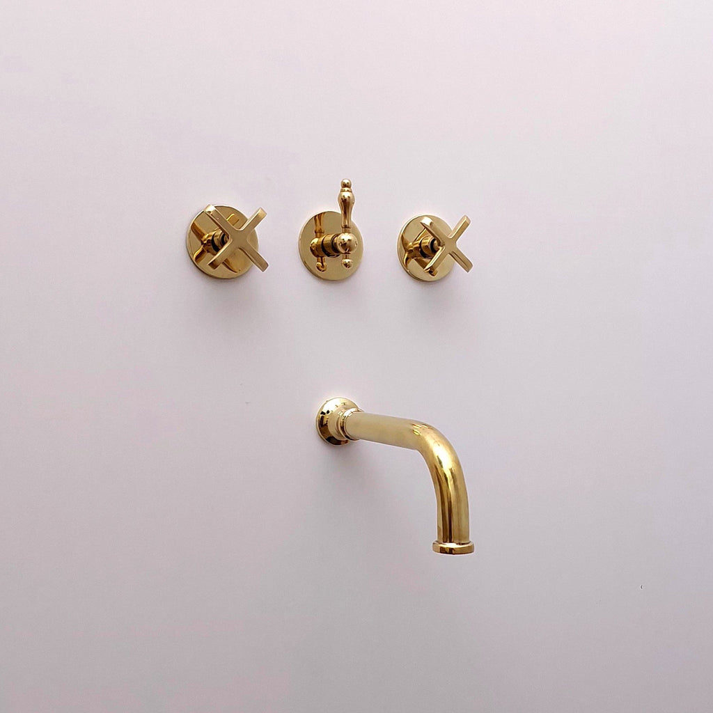 Unlacquered Brass Shower System with Tub Filler and Round Shower Head