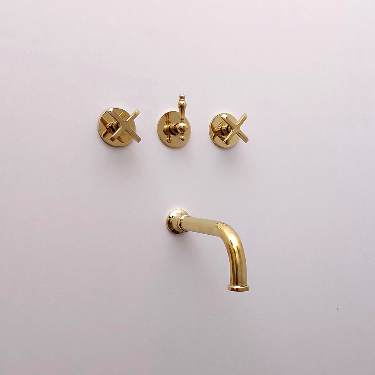 Unlacquered Brass Shower System with Tub Filler and Round Shower Head