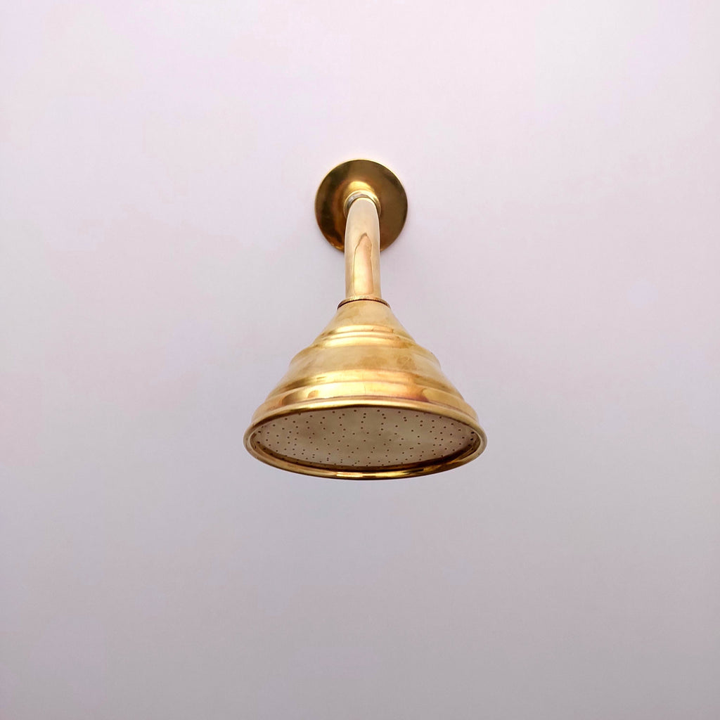 Unlacquered Brass Shower System with Tub Filler and Round Shower Head