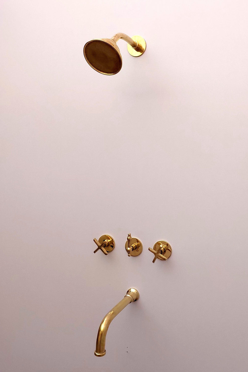 Unlacquered Brass Shower System with Tub Filler and Round Shower Head
