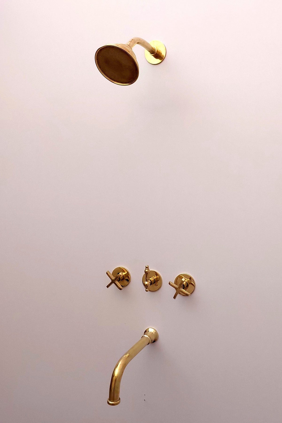 Unlacquered Brass Shower System with Tub Filler and Round Shower Head