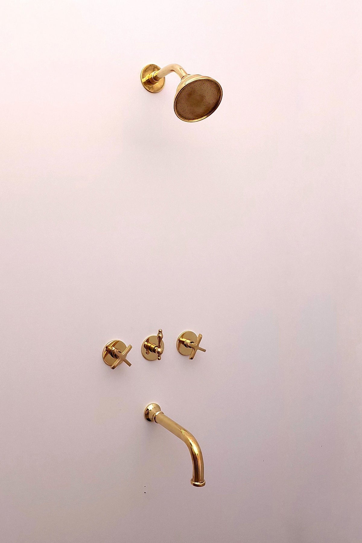 Unlacquered Brass Shower System with Tub Filler and Round Shower Head