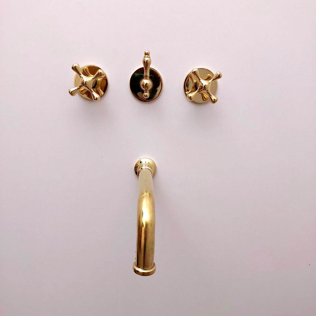 Unlacquered Brass Shower System with Tub Filler and Round Shower Head