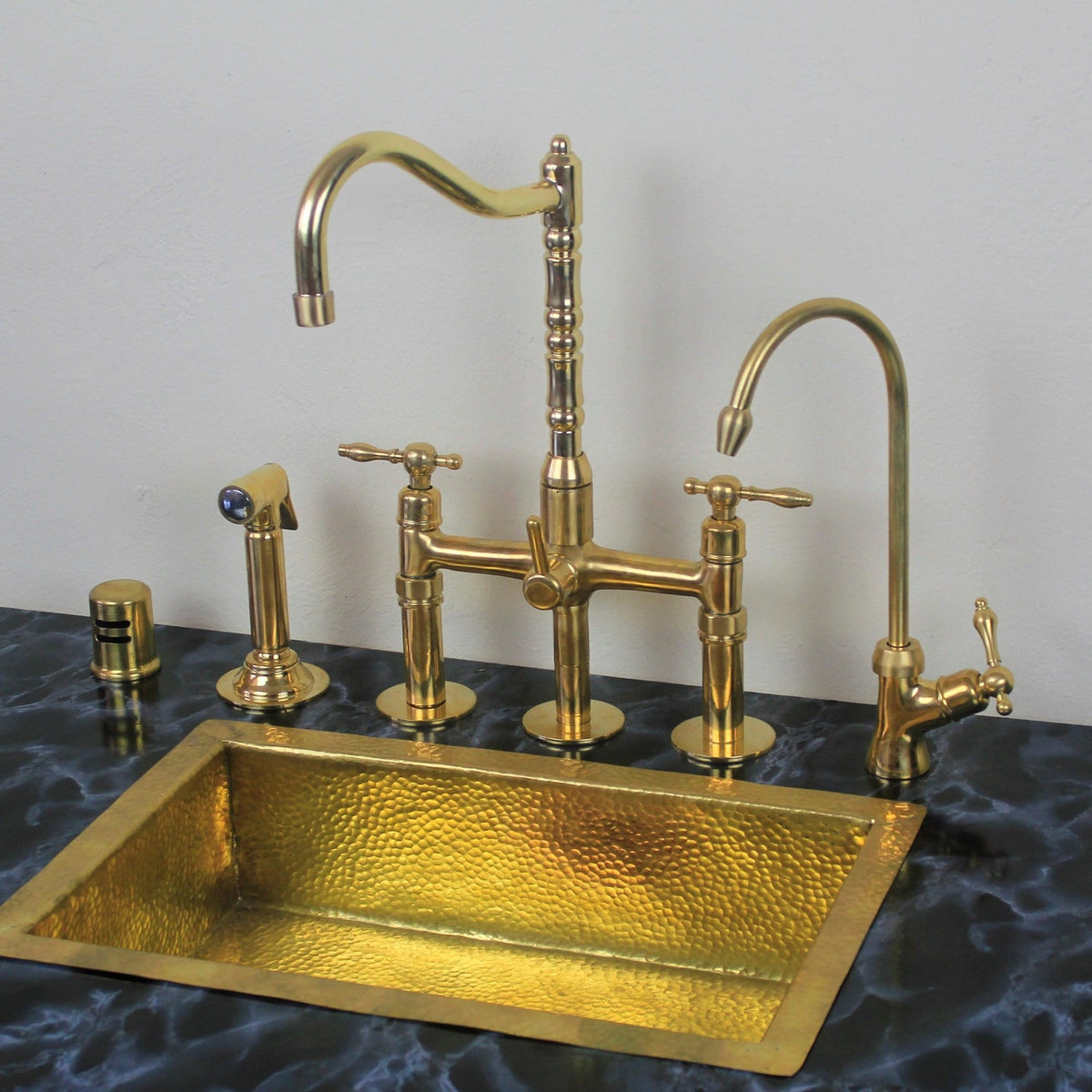 Unlacquered Brass Bridge Kitchen Faucet with Side Sprayer & Cold Water Faucet