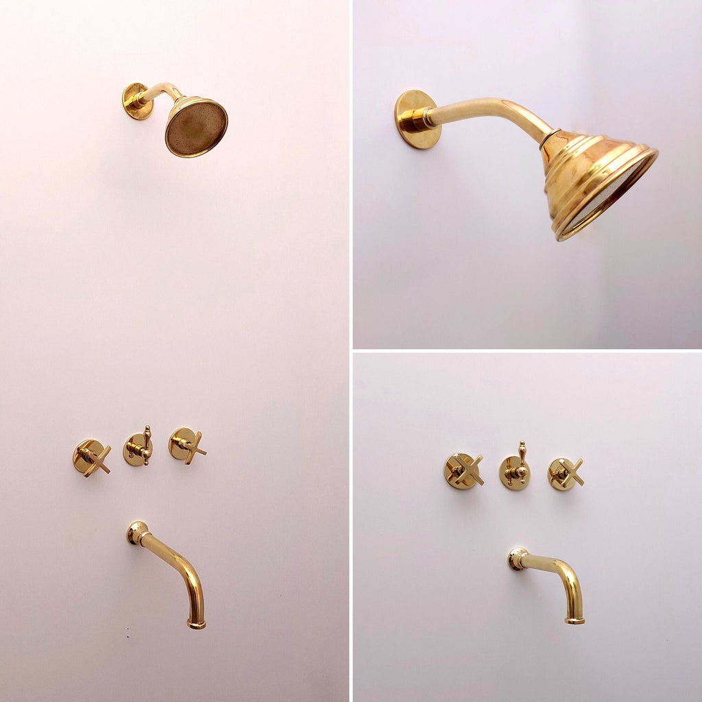 Unlacquered Brass Shower System with Tub Filler and Round Shower Head
