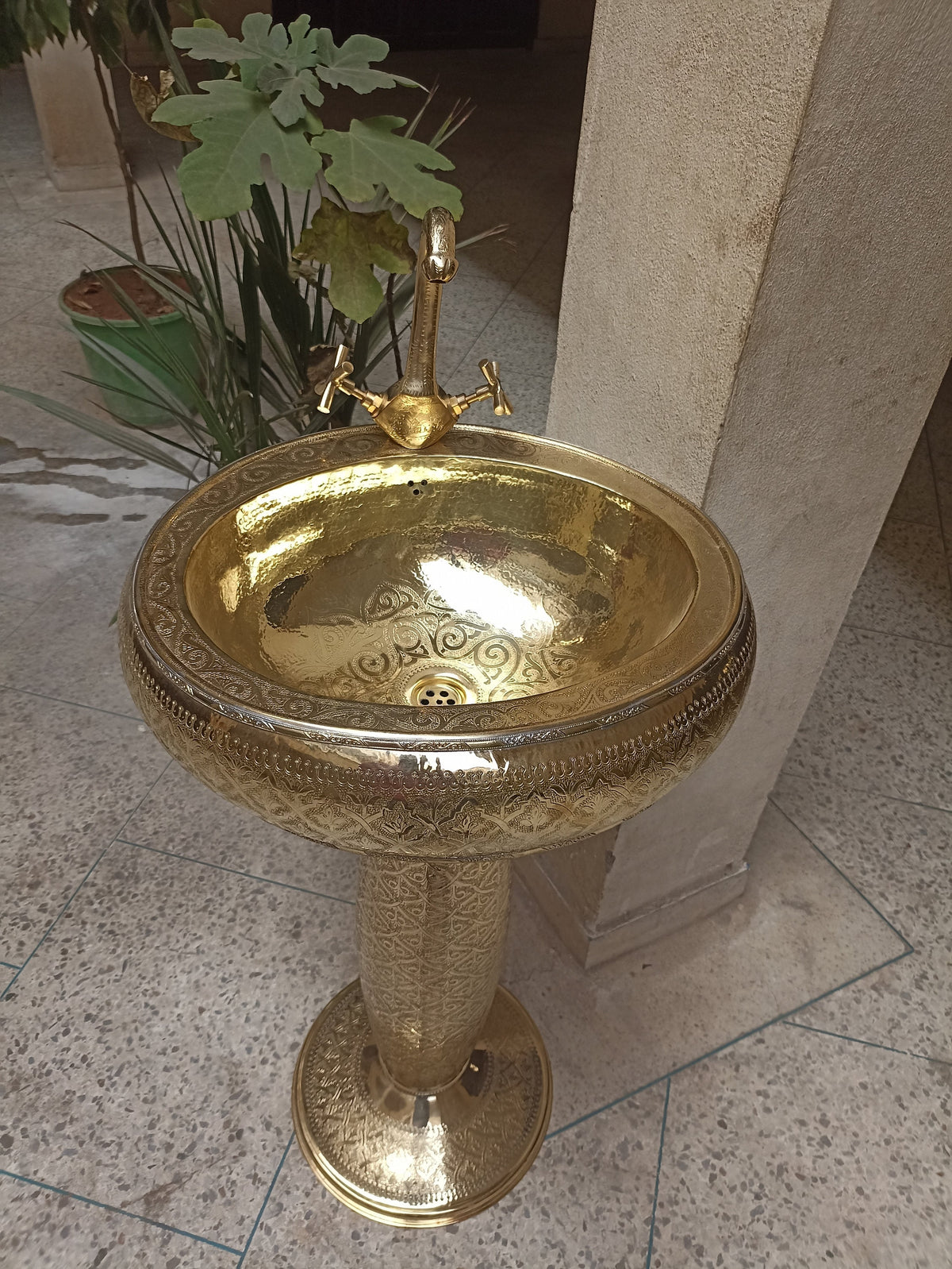 Moroccan Brass Pedestal Sink with Brass Faucet Double Handle