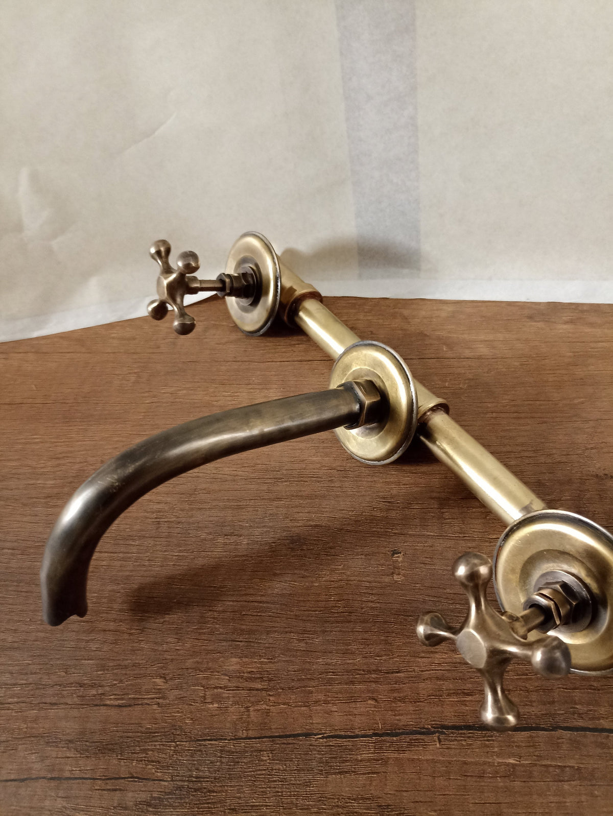 Patinated Brass Faucet Wall-mounted Brass Faucet with Two Crossed Handles + Brass Valve