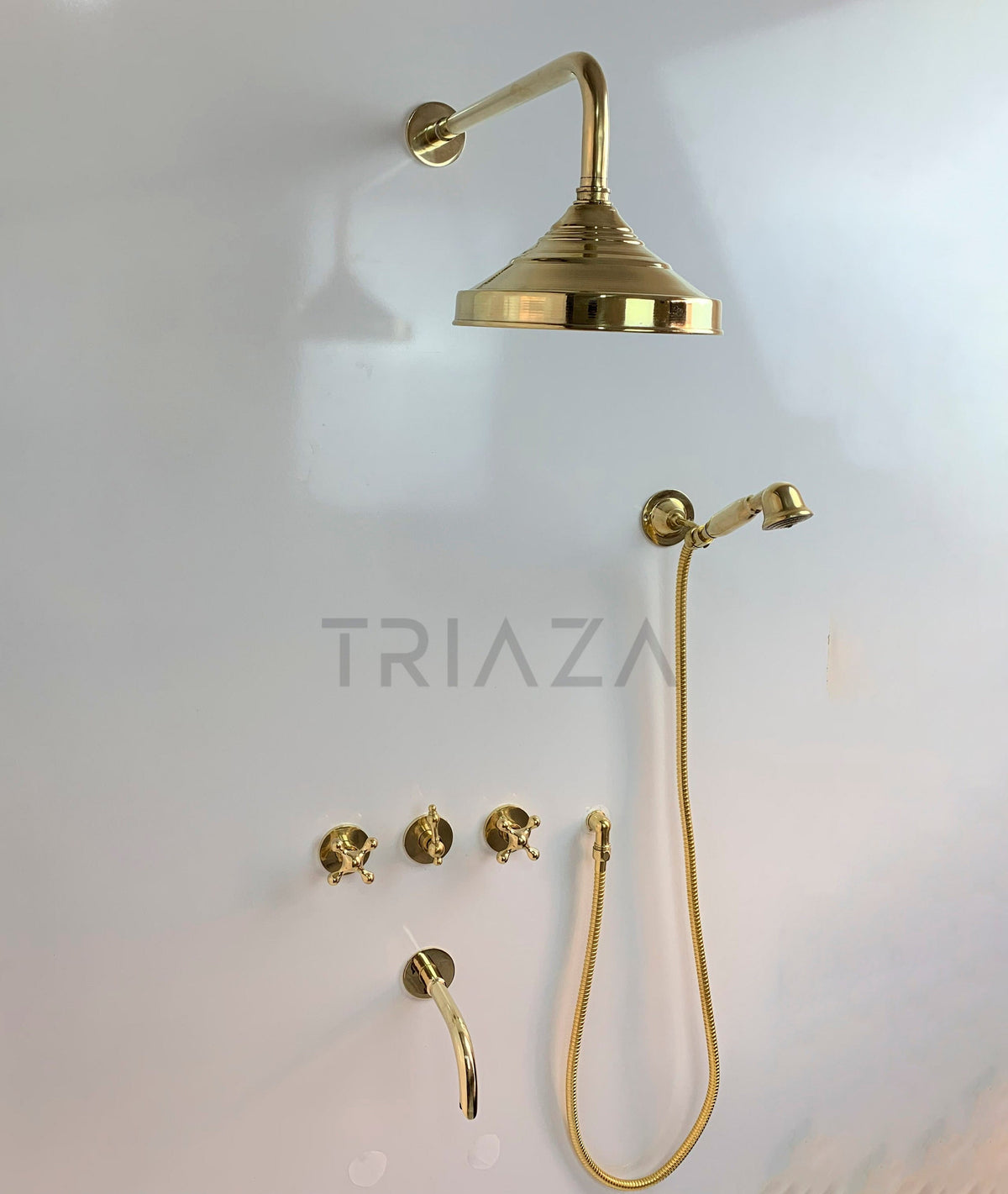 Unlacquered Solid Brass Rain Shower System, Handheld, Tub Filler