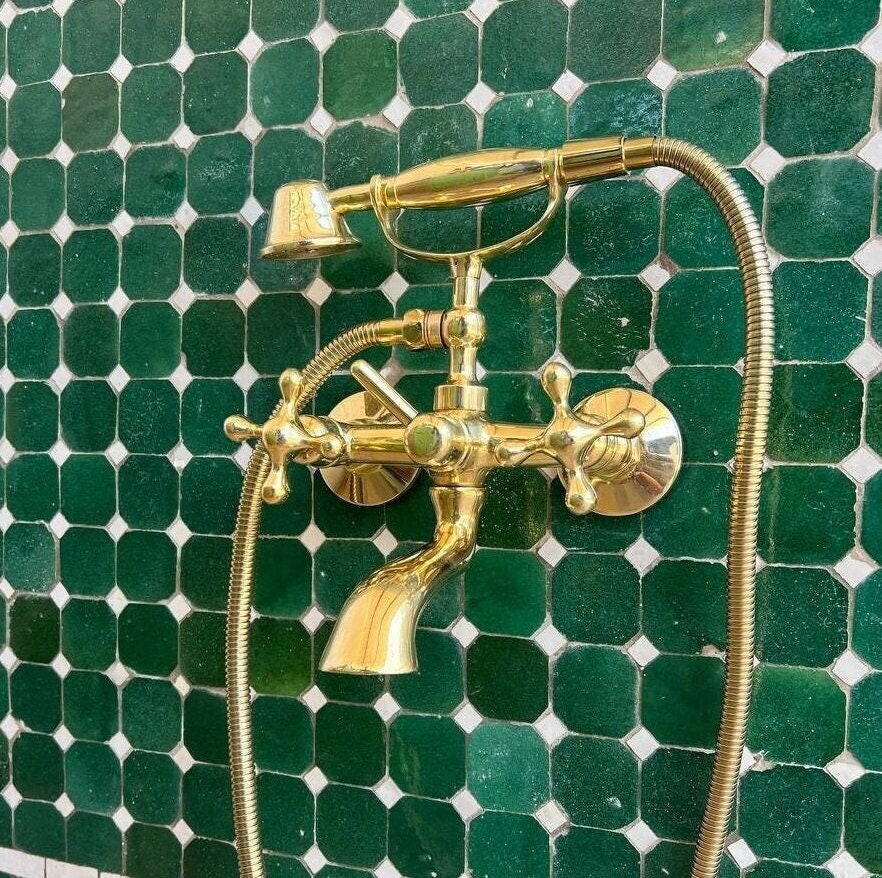 Unlacquered Brass Wall-Mount Tub Filler: Gooseneck Spout, Cross Handles