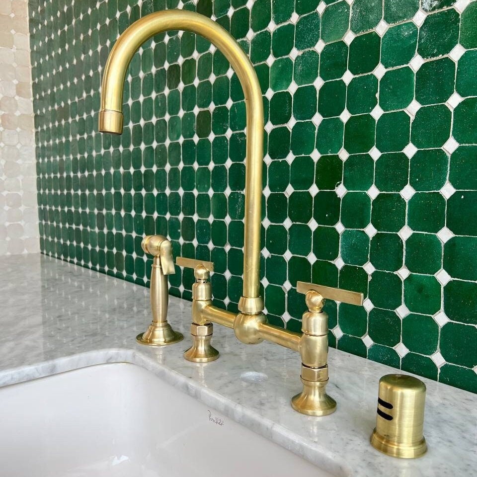 Unlacquered Brass Bridge Kitchen Faucet: Gooseneck Farmhouse Sink Fixture