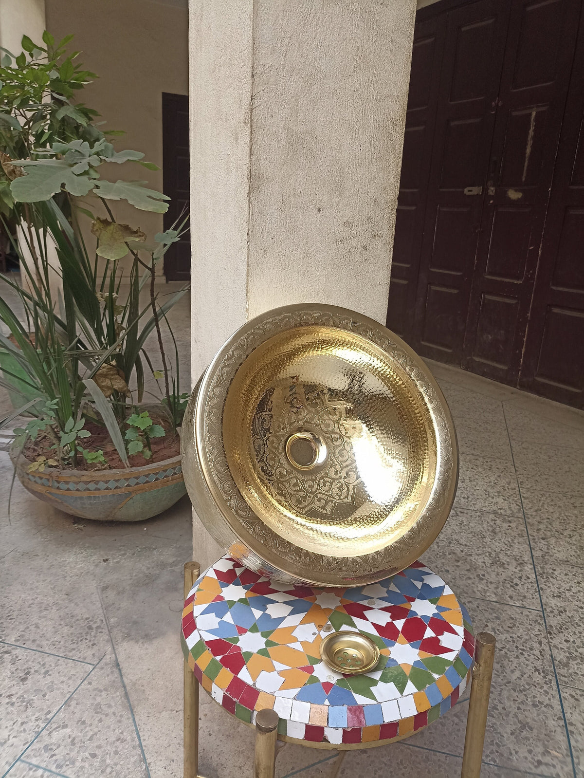 Exquisite Moroccan Brass Sink: Handmade Floral Trim