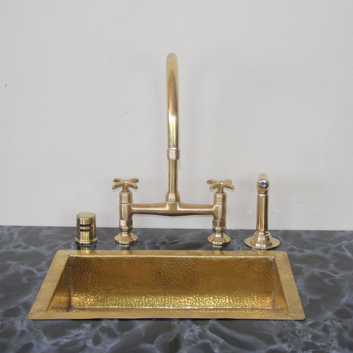 Unlacquered Solid Brass Bridge Kitchen Faucet with Sprayer