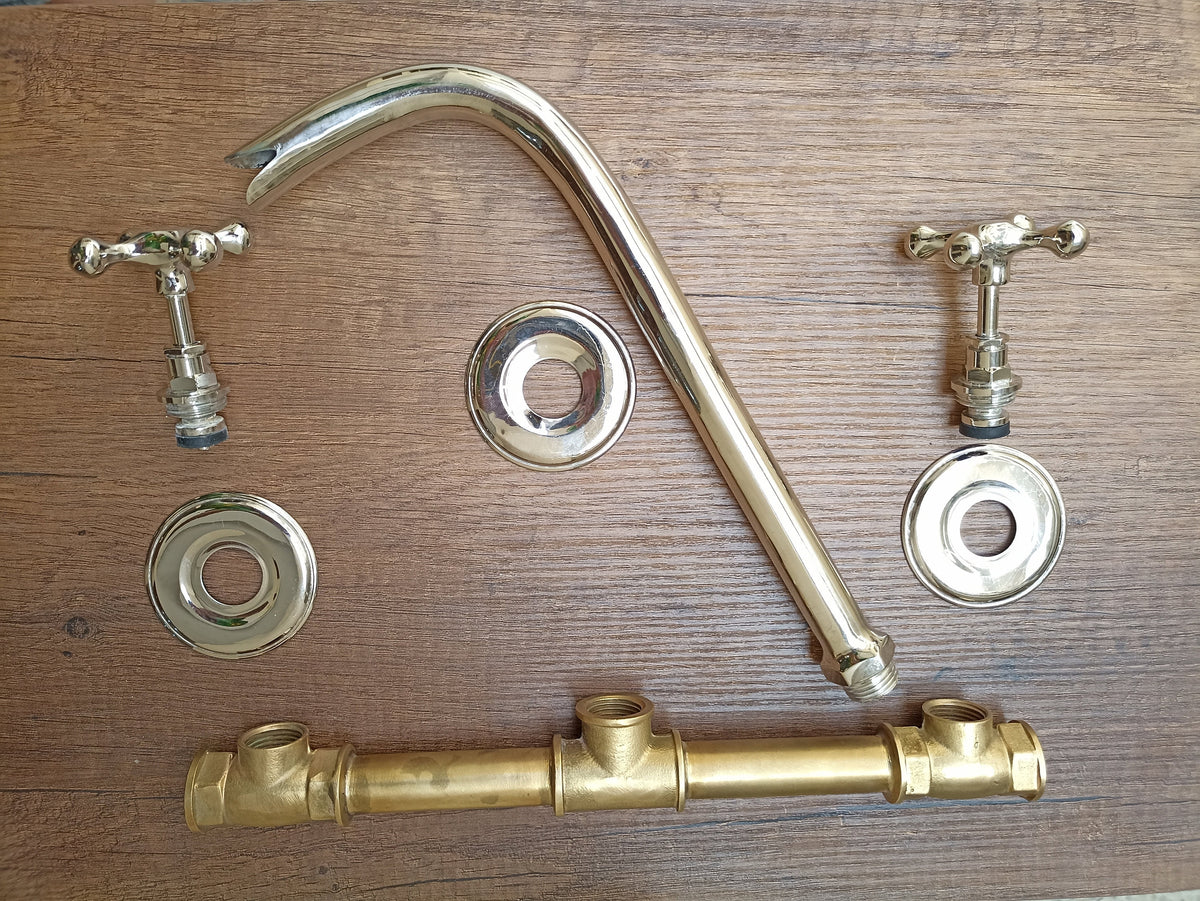 Classic Silver Wall Mounted Bathroom Faucets with Hot and Cold Mixer Valve - Unlacquered Vintage Design for Kitchen and Bath