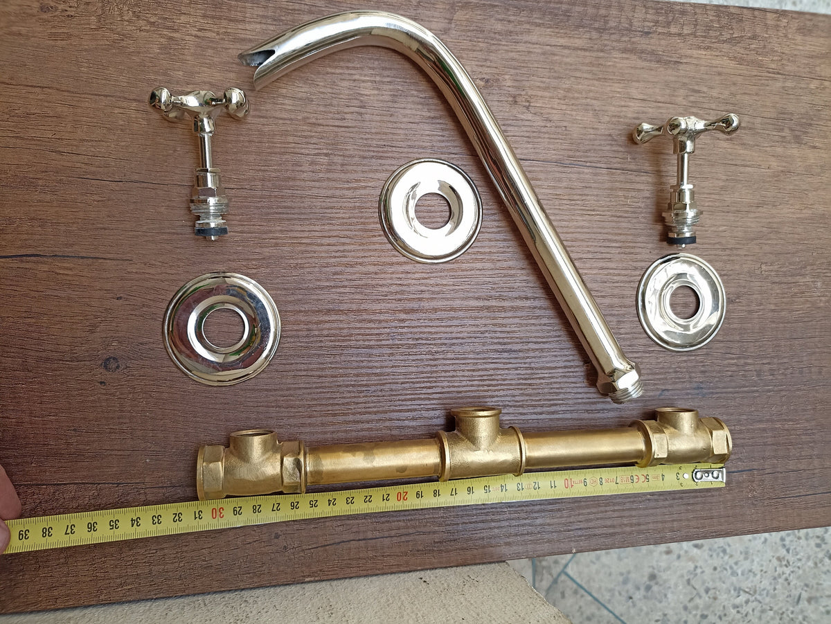 Classic Silver Wall Mounted Bathroom Faucets with Hot and Cold Mixer Valve - Unlacquered Vintage Design for Kitchen and Bath