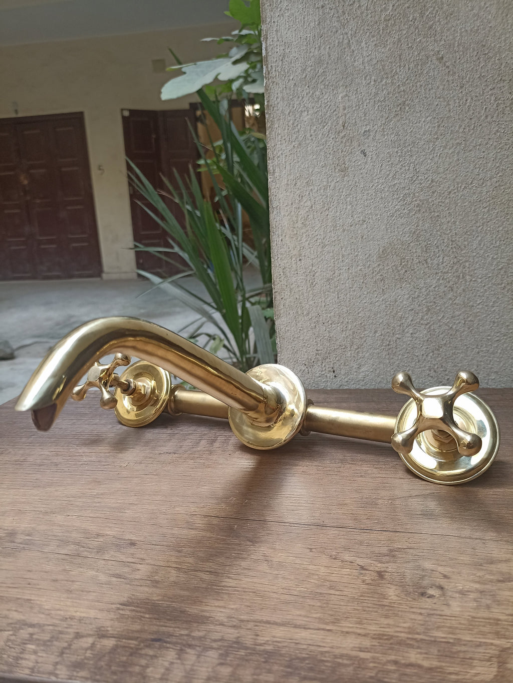 Vintage Unlacquered Brass Cross Handle Wall Mounted Vessel Faucet