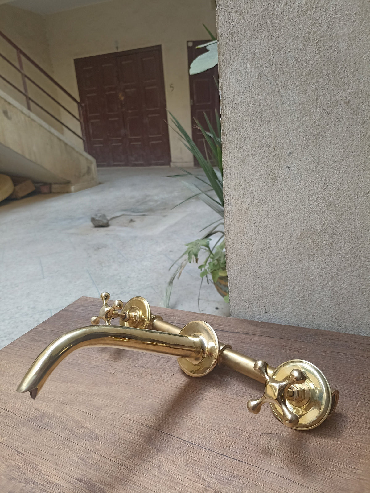 Vintage Unlacquered Brass Cross Handle Wall Mounted Vessel Faucet - Bathroom Sink Faucet - Rustic Bathroom Fixture - Antique Style Water Tap