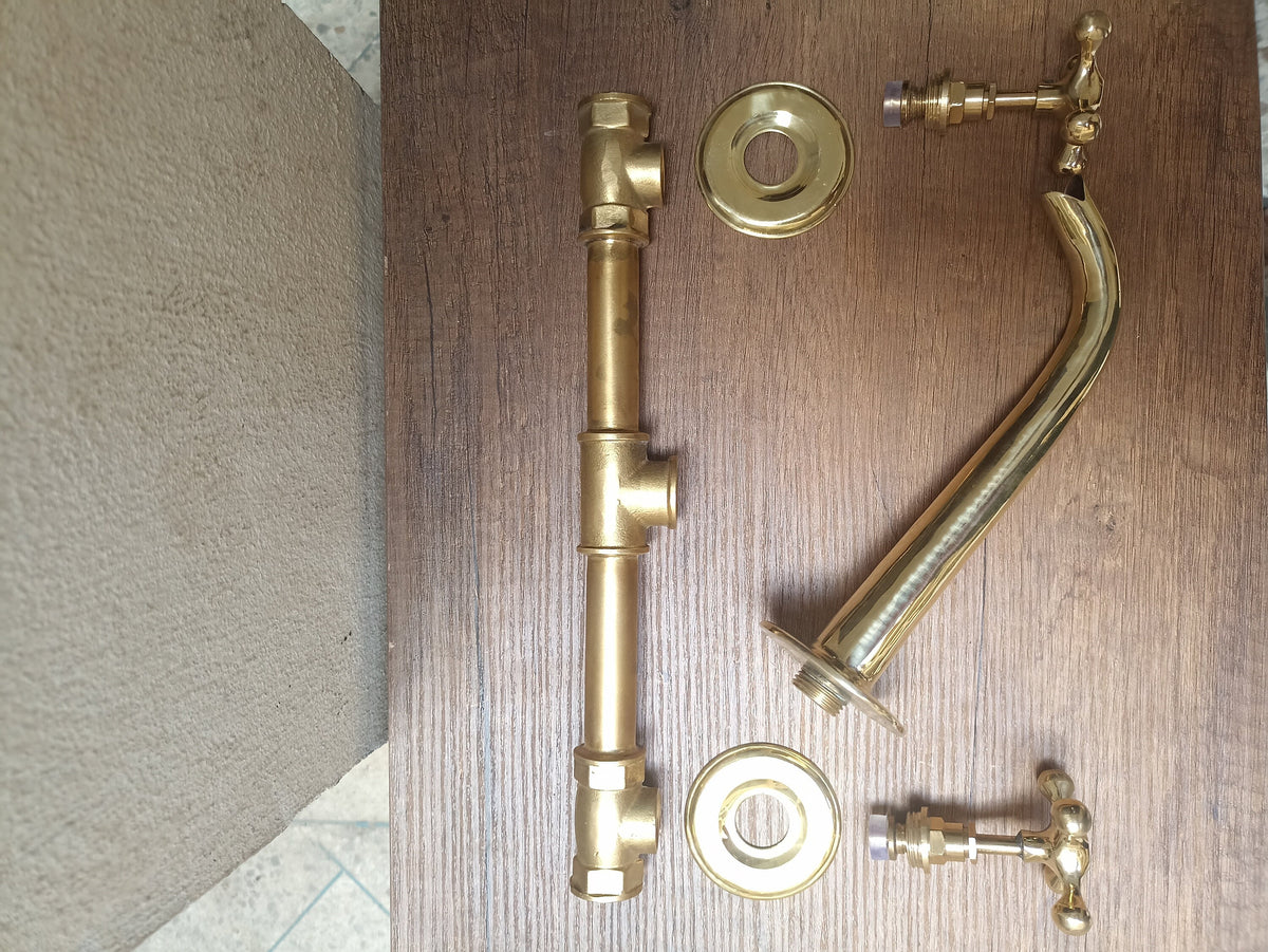 Vintage Unlacquered Brass Cross Handle Wall Mounted Vessel Faucet - Bathroom Sink Faucet - Rustic Bathroom Fixture - Antique Style Water Tap