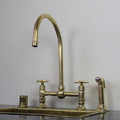 Unlacquered Brass Bridge Kitchen Faucet: Ball-Shaped Handles, Sprayer