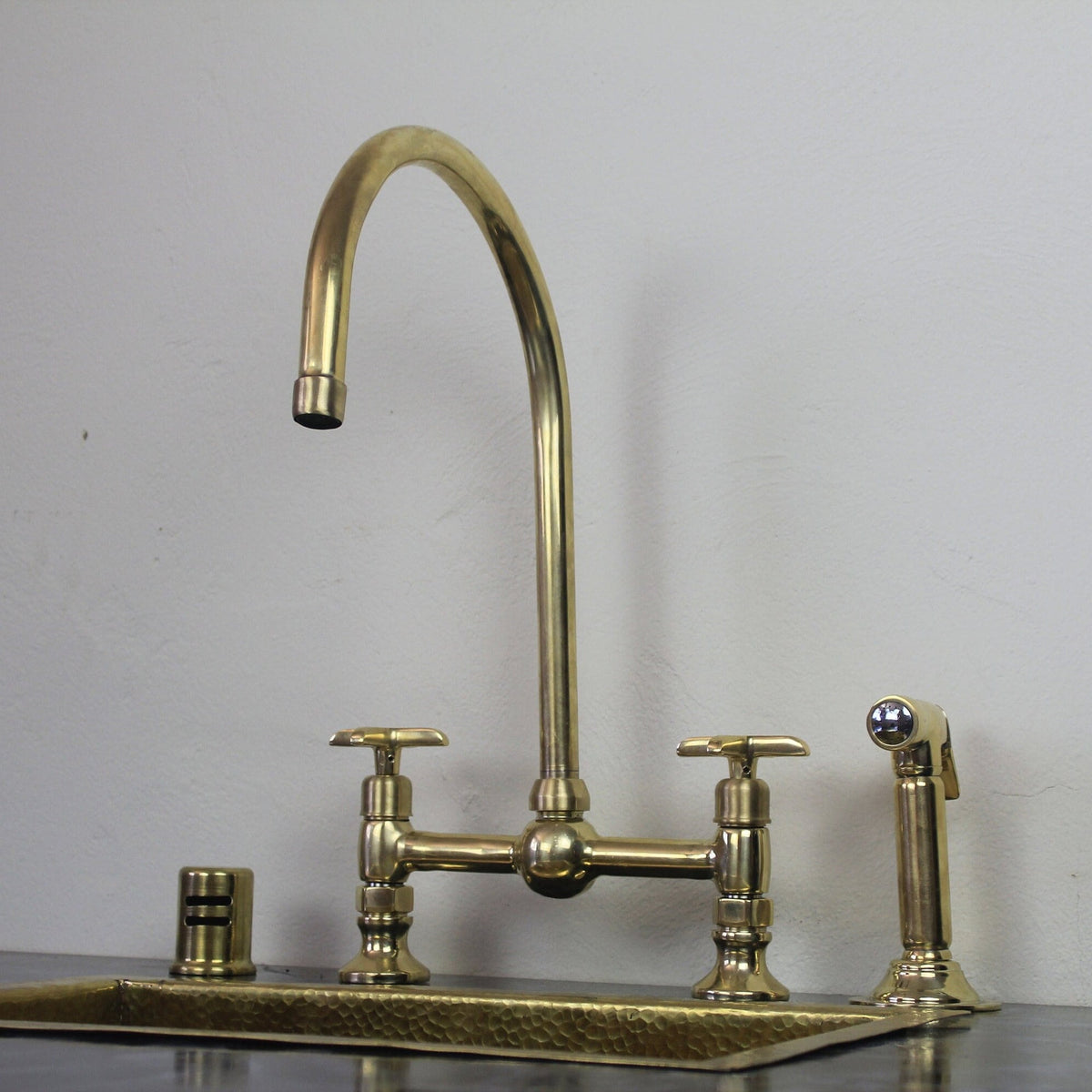 Unlacquered Brass Bridge Kitchen Faucet: Ball-Shaped Handles, Sprayer