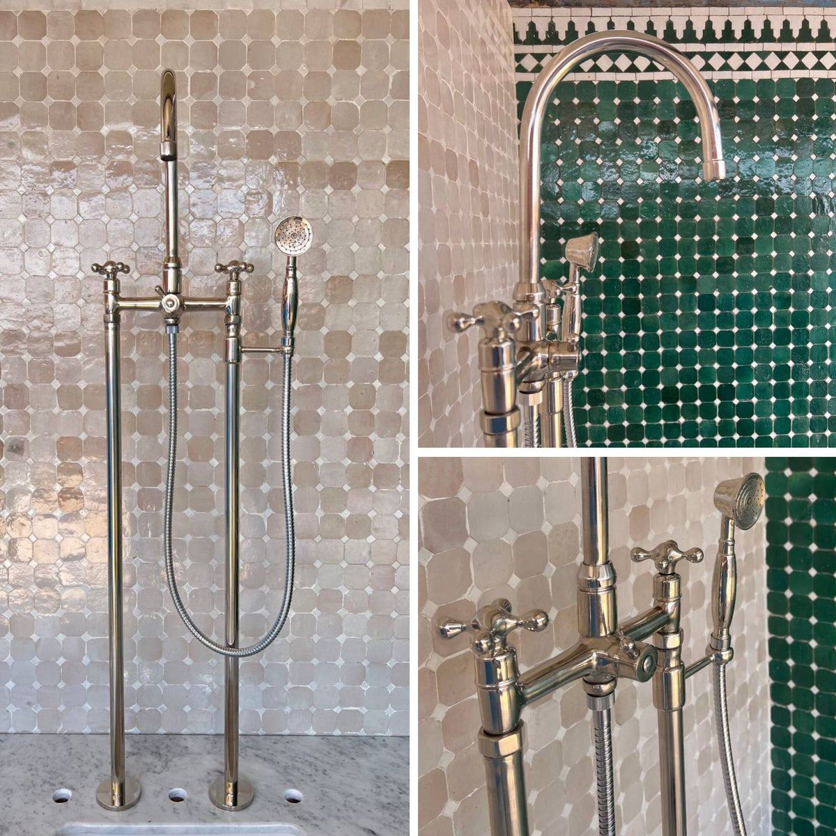 Nickel Floor Mount Bathtub Faucet: Solid Brass Tub Filler with Hand Shower