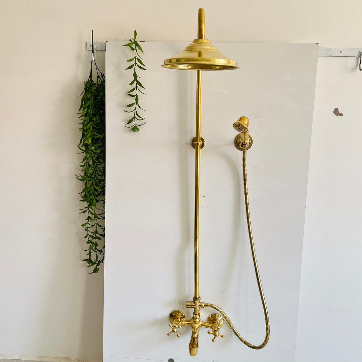 Moroccan Brass Shower System – Rain Shower, Tub Spout & Handheld Combo, Vintage Cross Handles with Adjustable Shower Ris