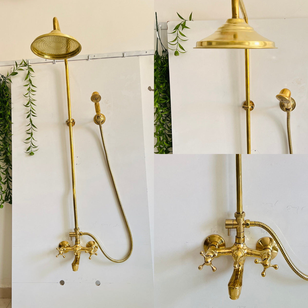 Unlacquered Brass Shower System – Outdoor & Indoor Rain Shower with Tub Spout, Handheld Shower, Solid Brass Exposed Pipe