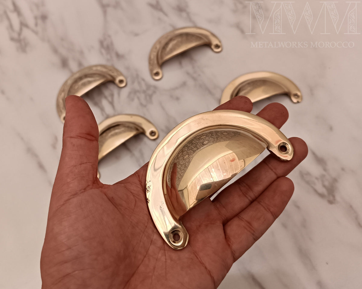 Set Of Big Polished Brass Cup Handles For Drawer