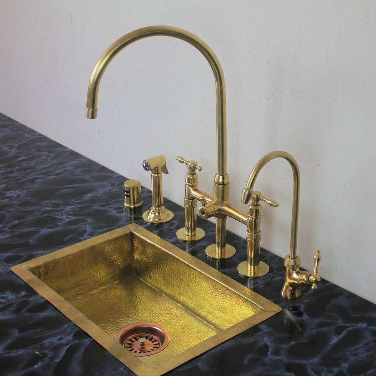 Unlacquered Brass 3 Holes Kitchen Bridge Faucet With Side Sprayer & Cold Water faucet