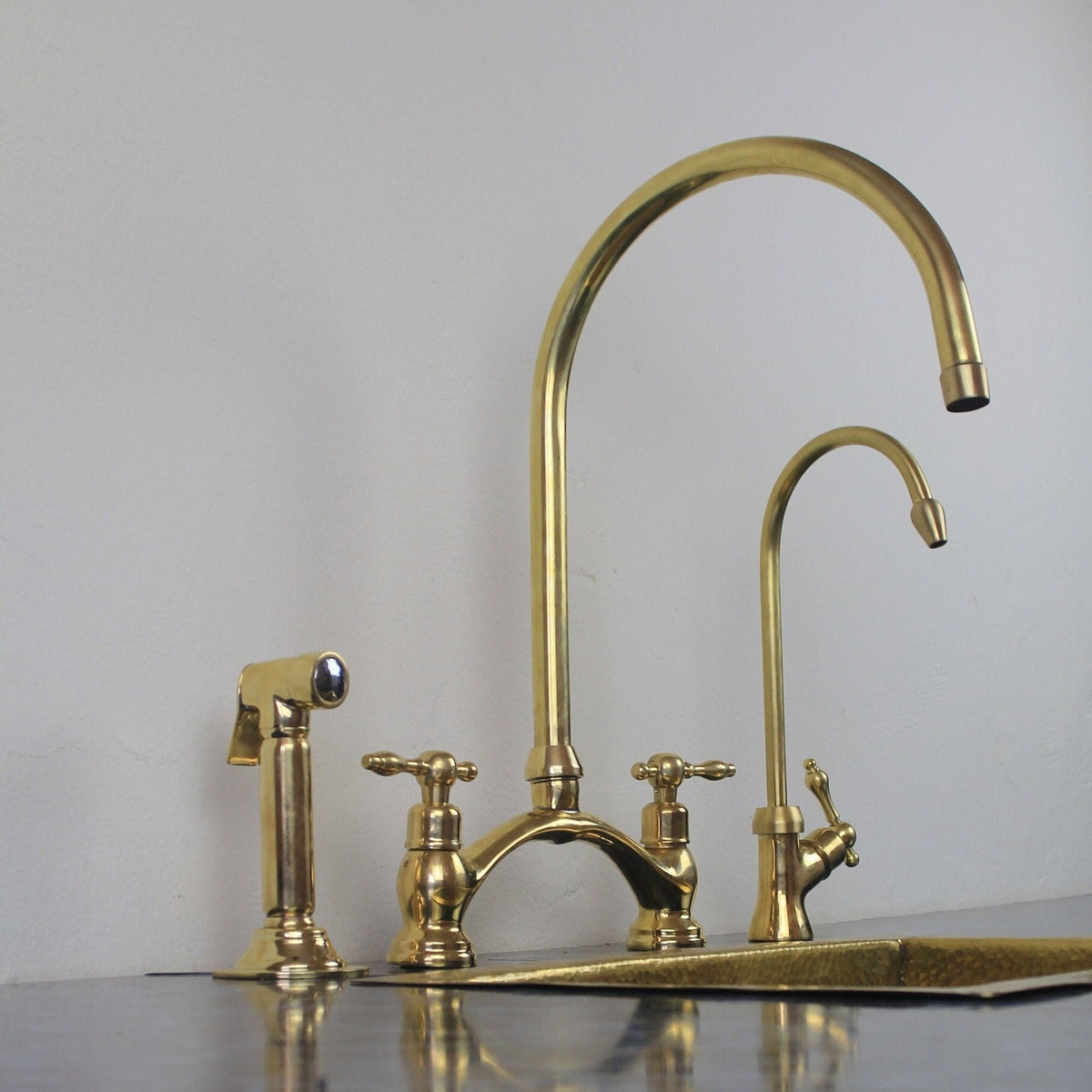 Unlacquered Brass Kitchen Bridge Faucet Vectorian Style with Sprayer & Cold Water faucet