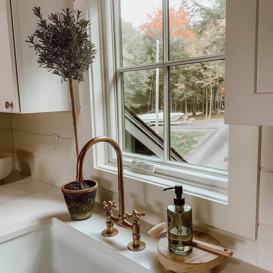 Unlacquered Brass Bridge Kitchen Faucet with Sprayer: Moroccan-Made