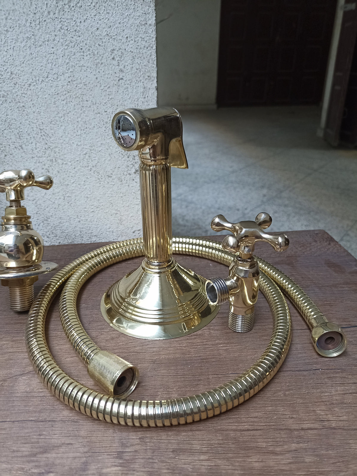Unlacquered Brass Engraved V-Bridge Kitchen Faucet with Side Spray - Timeless 2-Handle Elegance for Your Kitchen