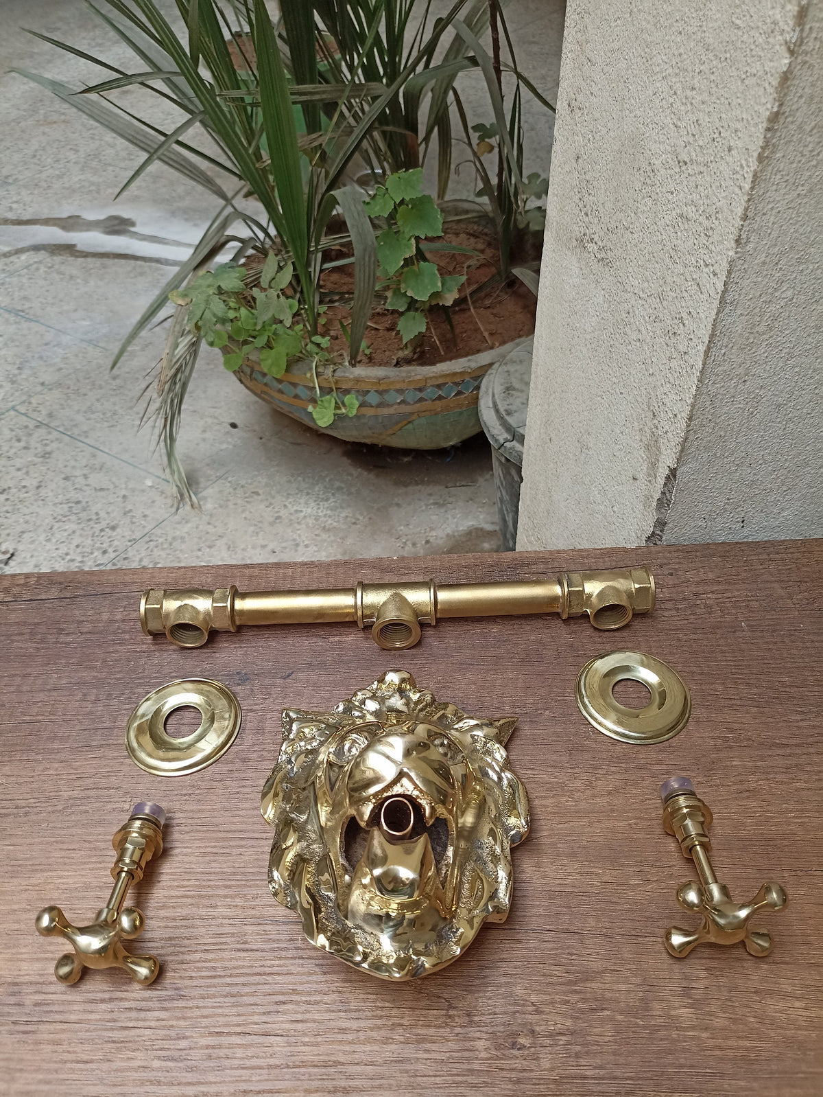 Regal Brass Lion Head Wall Mount Faucet: Garden Elegance Meets Functionality - Two Handles + Valve Included - Perfect Outdoor Water Fixture